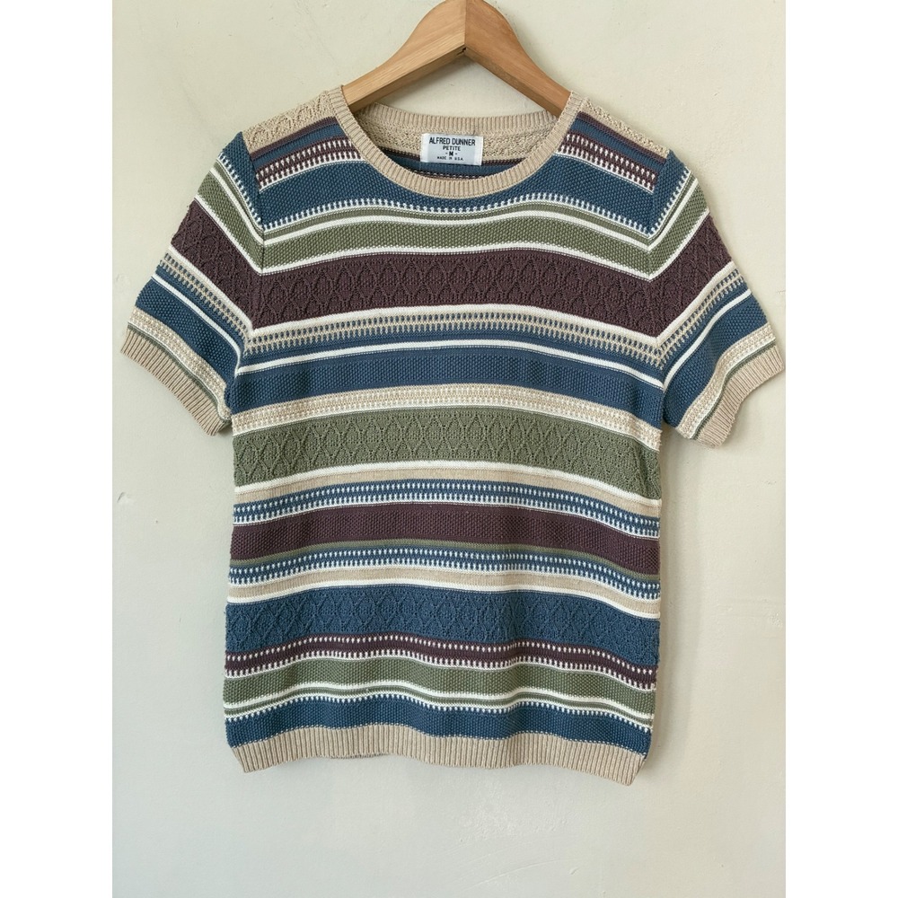 Alfred Dunner Petite Y2K Vintage Knit Retro Striped Sweater Top M USA Golf